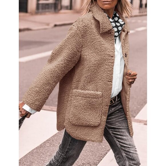 Women’s Winter Faux Fur Coat Long Sleeve Lapel Button Down Fleece Sherpa Jacket - Picture 2 of 8